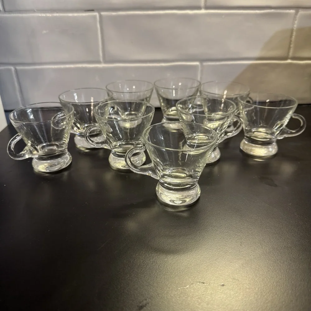 Glass‎ Espresso Demitasse Cups With Handles Footed Set Of 9  Great Condition